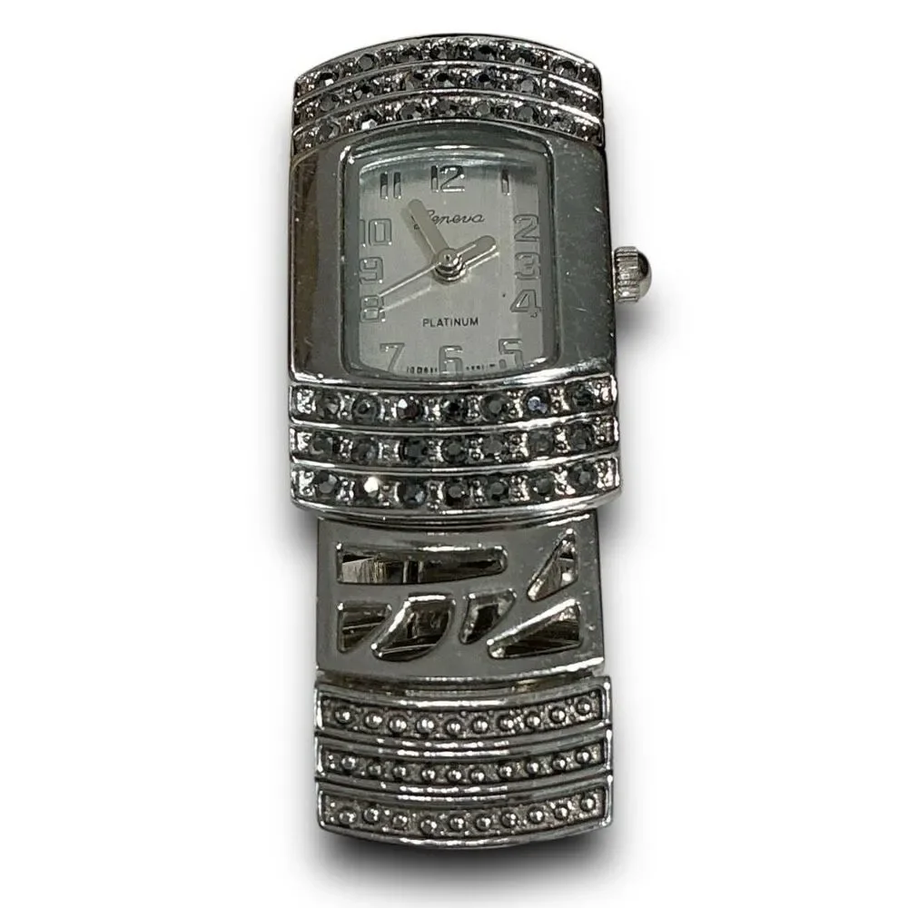 Geneva Y2K Vintage Platinum with Back & Crystal Rhinestones Tonneau Shaped Face